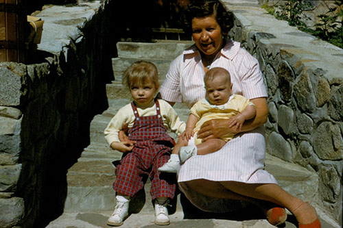 Grandma sitting with Karen and Donald on the stone steps that led up to the house that my Grandfather built.  I loved those steps - they were so massive and fun to play on.